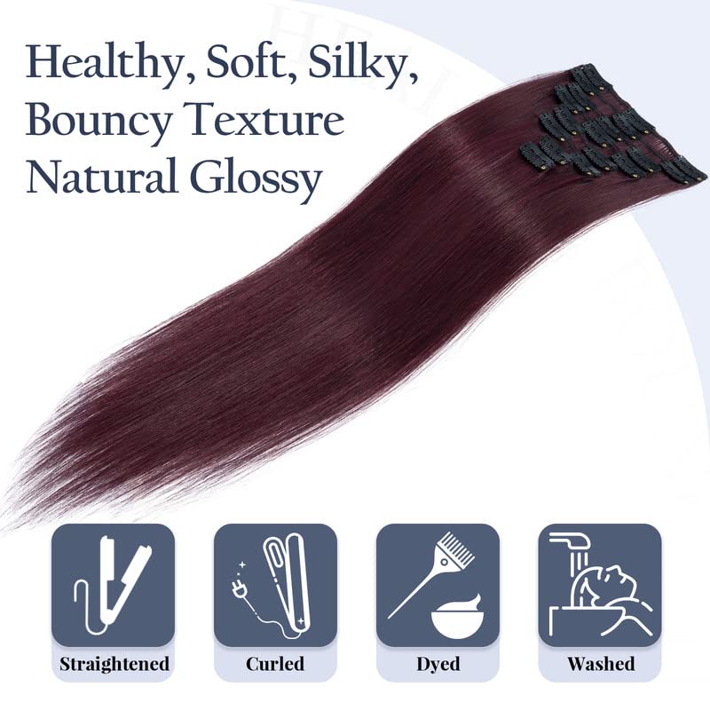 99J Burgundy Color Straight Clip In Human Hair Extensions For Black Women 8pcs With 18 Clips
