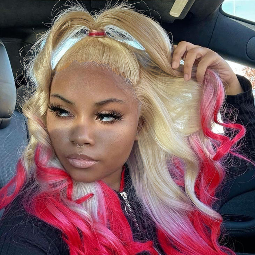 Pink Ombre Blonde Wig Body Wave Transparent Lace Wig 100% Virgin Human Hair