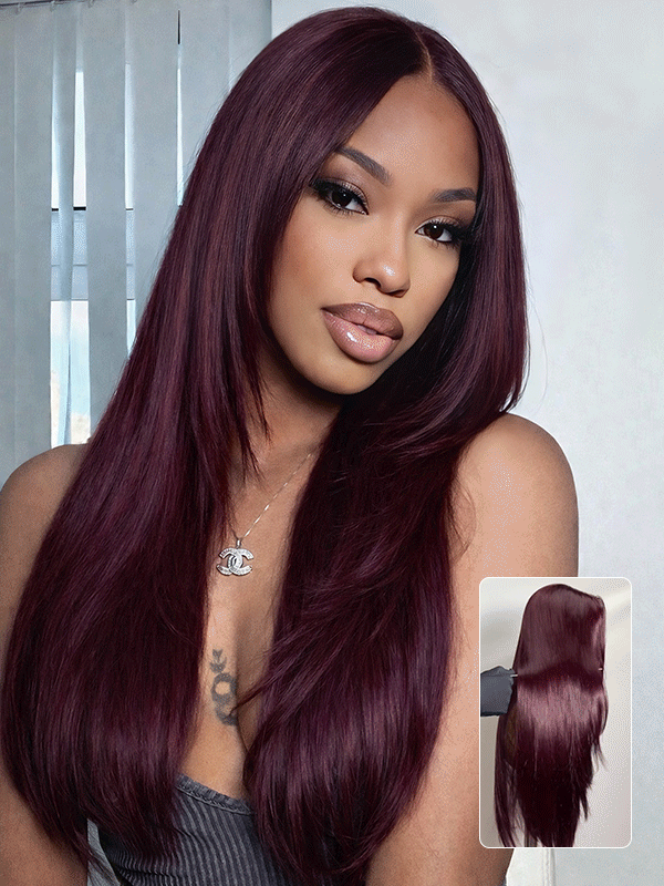 Black Cherry Burgundy Layered Cut Silky Straight Lace Human Hair Wig