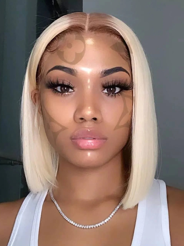 4/613 Ombre Blonde Straight Bob Pre-plucked Lace Human Wigs With Dark Brown Root
