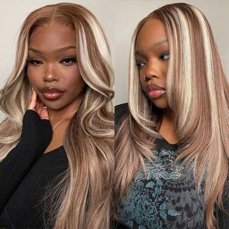 Brown With Blonde Highlight Wig 13x4 Body Wave P4/613 Mix Color Transparent Lace Front Wig