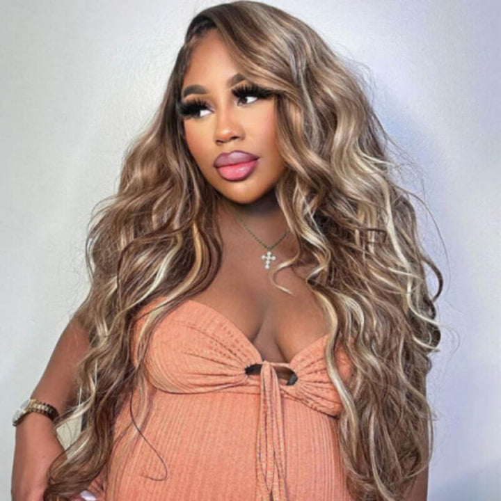 Brown With Blonde Highlight Wig 13x4 Body Wave P4/613 Mix Color Transparent Lace Front Wig