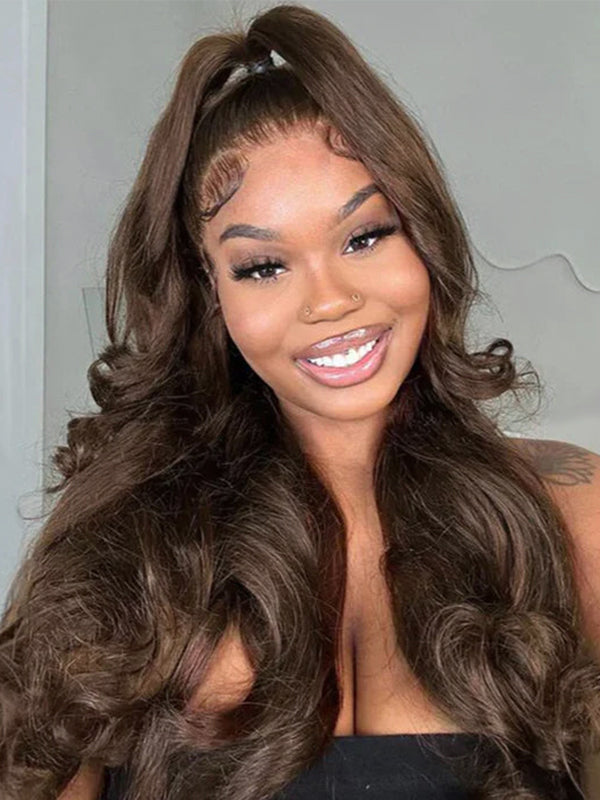 Vente flash | Perruque cheveux humains bouclés et ondulés brun chocolat n° 4, 6x6/13x6, dentelle frontale complète