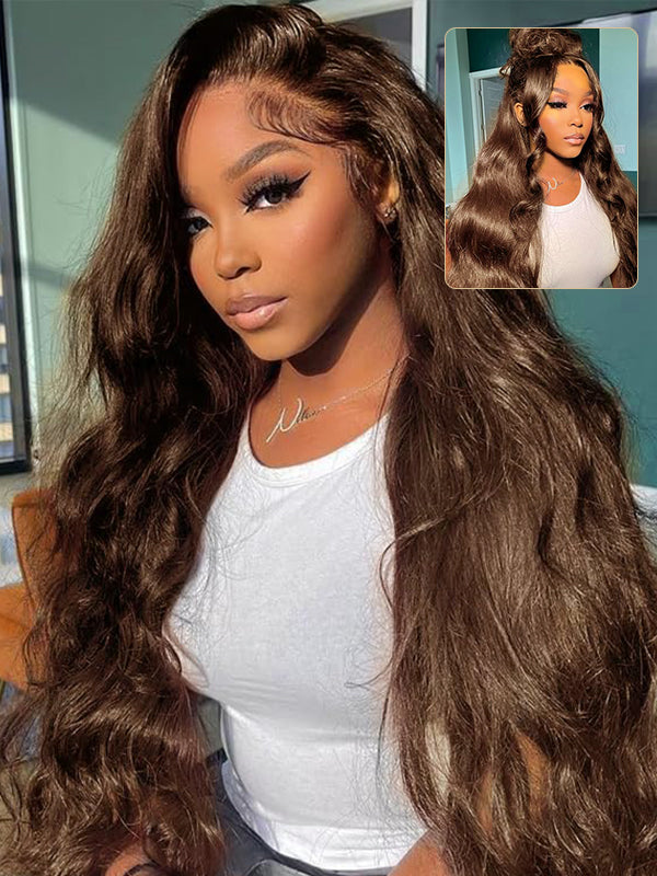 Vente flash | Perruque cheveux humains bouclés et ondulés brun chocolat n° 4, 6x6/13x6, dentelle frontale complète