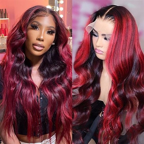 1B/99J Highlight Color Wig Straight Human Hair Transparent Lace Front Wig