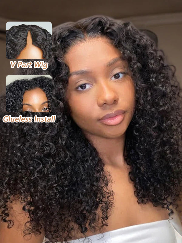 Perruque birmane bouclée avec raie en V, sans perte, 100 % cheveux humains 