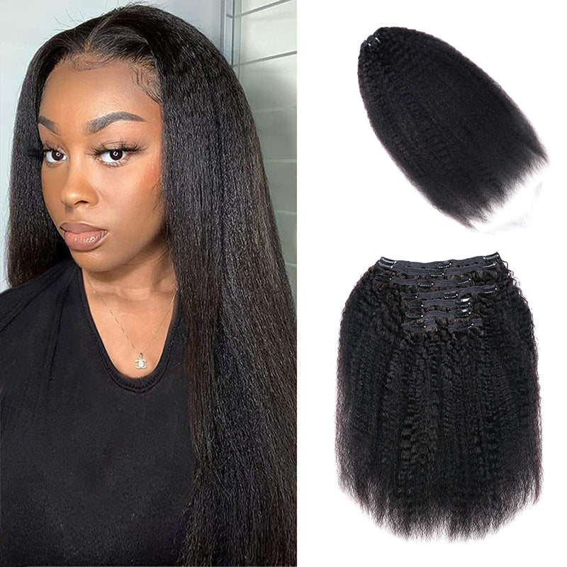 Kinky Straight Clip In Hair Extensions For Black Women Remy Human Hair 8 Pieces With 18 Clips