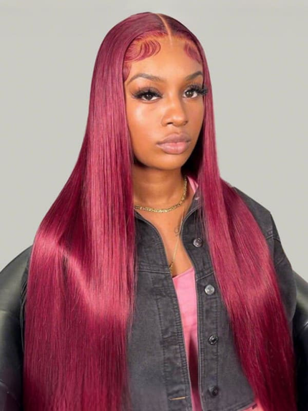 Cheetah Beauty 99J Straight Human Hair Wig Burgundy Lace Frontal Wig