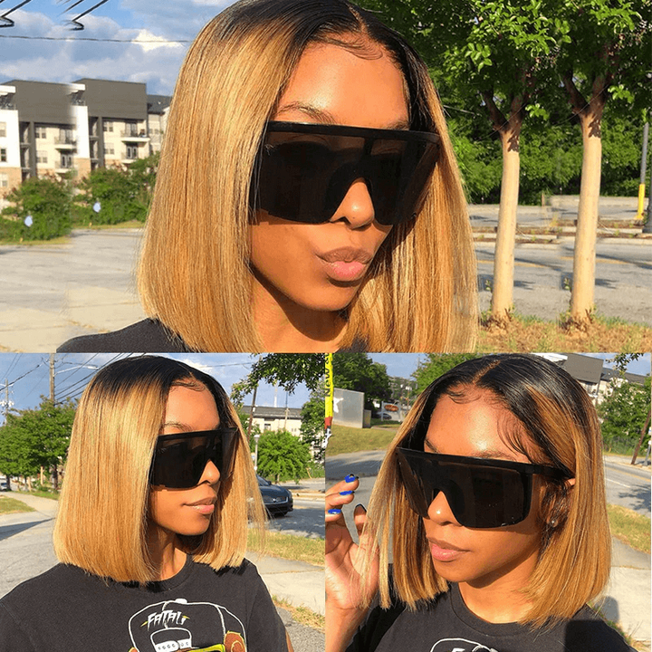 1B/27 Honey Blonde Ombre Short Straight Bob Wig 100% Virgin Human Hair