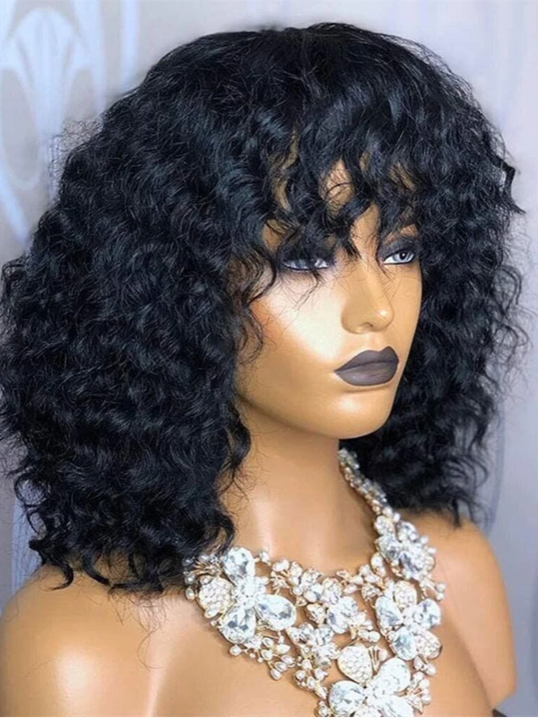Throw On & Go Bob Wig Machine Made Bouncy Curly Human Hair Bob Wig