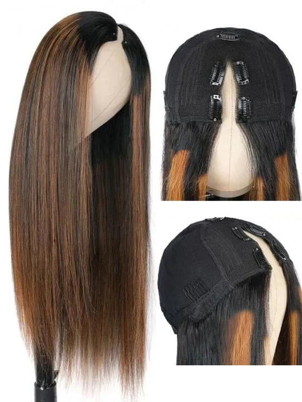 No Leave Out Glueless #FB30 Balayage Straight V Part Wig Beginner Friendly Upgrade U Part Wig