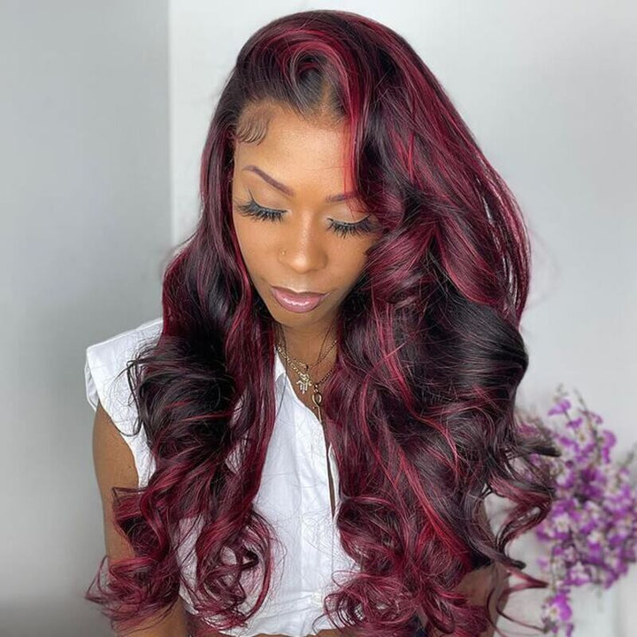 1B/99J Highlight Color Wig Body Wave Human Hair Transparent Lace Front Wig