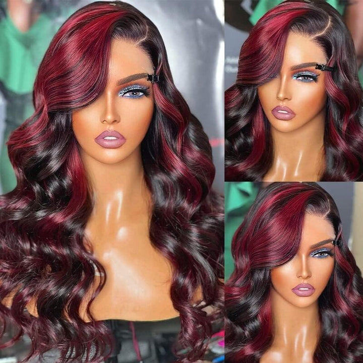 1B/99J Highlight Color Wig Body Wave Human Hair Transparent Lace Front Wig