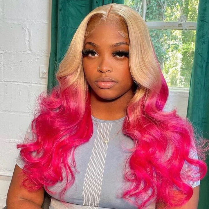 Pink Ombre Blonde Wig Body Wave Transparent Lace Wig 100% Virgin Human Hair