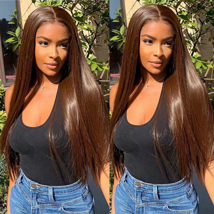 #4 Color Dark Brown Straight Transparent Lace Front 100% Virgin Human Hair Wigs