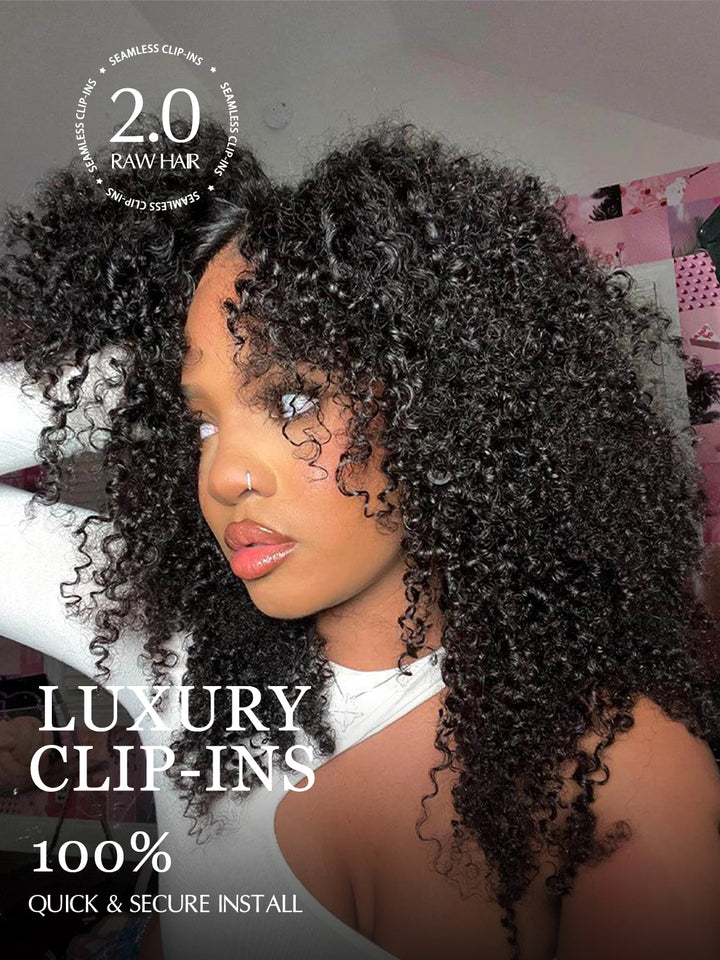 Raw Hair Clip Ins | Kinky Curly Seamless PU Weft Raw Hair Extensions 8pcs With 18 Clips