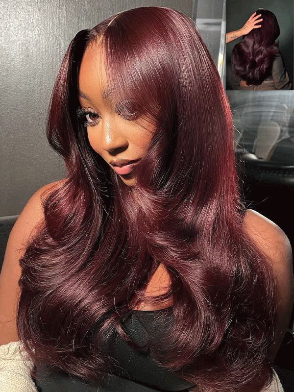 Dark Burgundy Layered Cut Body Wave Short 7x6/13x6 FULL Frontal Lace Human Hair Wigs
