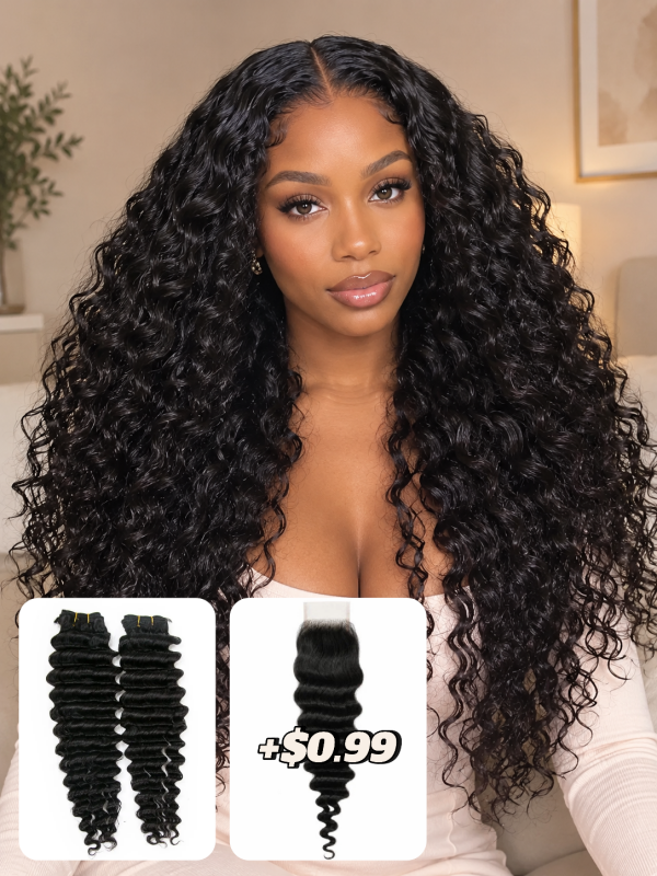 Deep Wave Bundles 100% Virgin Human Hair Weave With 2x4 Lace Closure