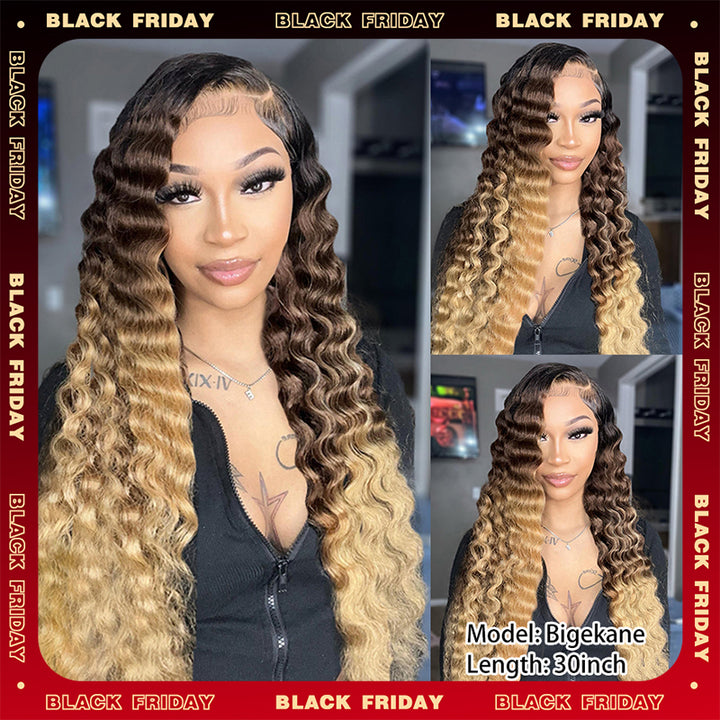 Flash Sale | Bigekane Recommend Ombre 16-34 Inches Deep Wave 13x6 Full Frontal Human Hair Wig