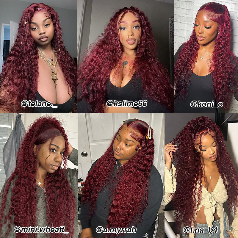 99J Burgendy Deep Wave 13x6 Lace Frontal Wig Model Show