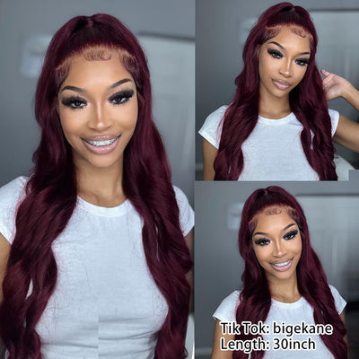 Flash Sale | bigekane Recommend 99J Burgundy 13x6 Body Wave Wig 16-34 Inches Transparent Lace Front Human Hair Wig