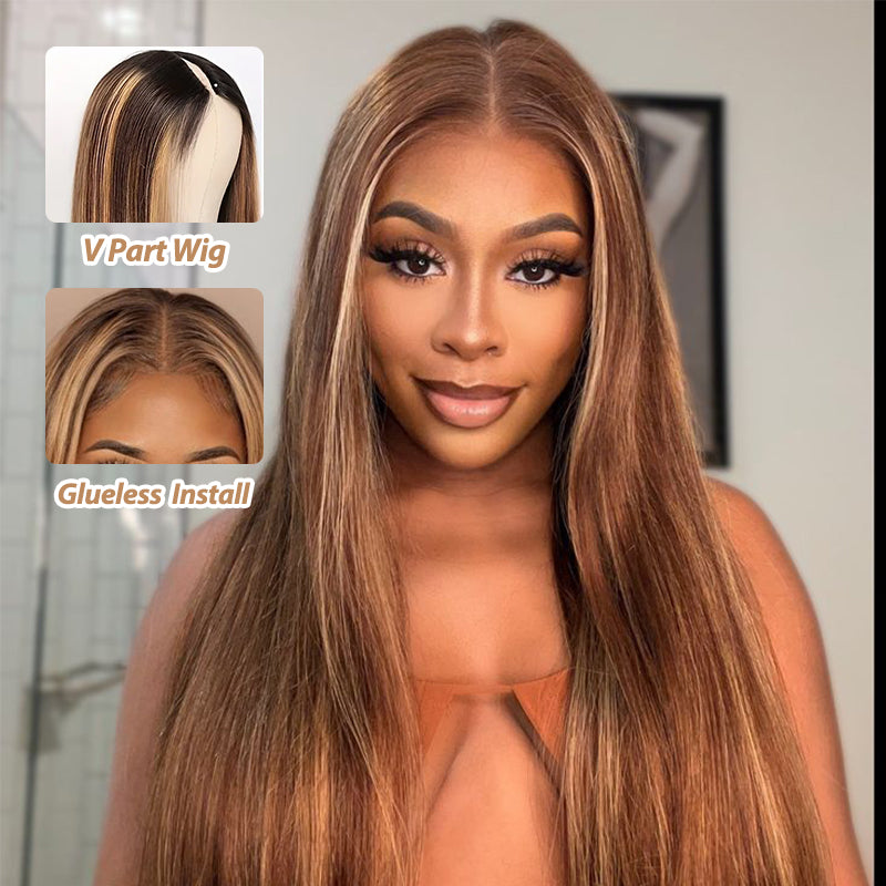 Glueless 4/27 Highlight V Part Wig Beginner Friendly Upgrade U Part Wig