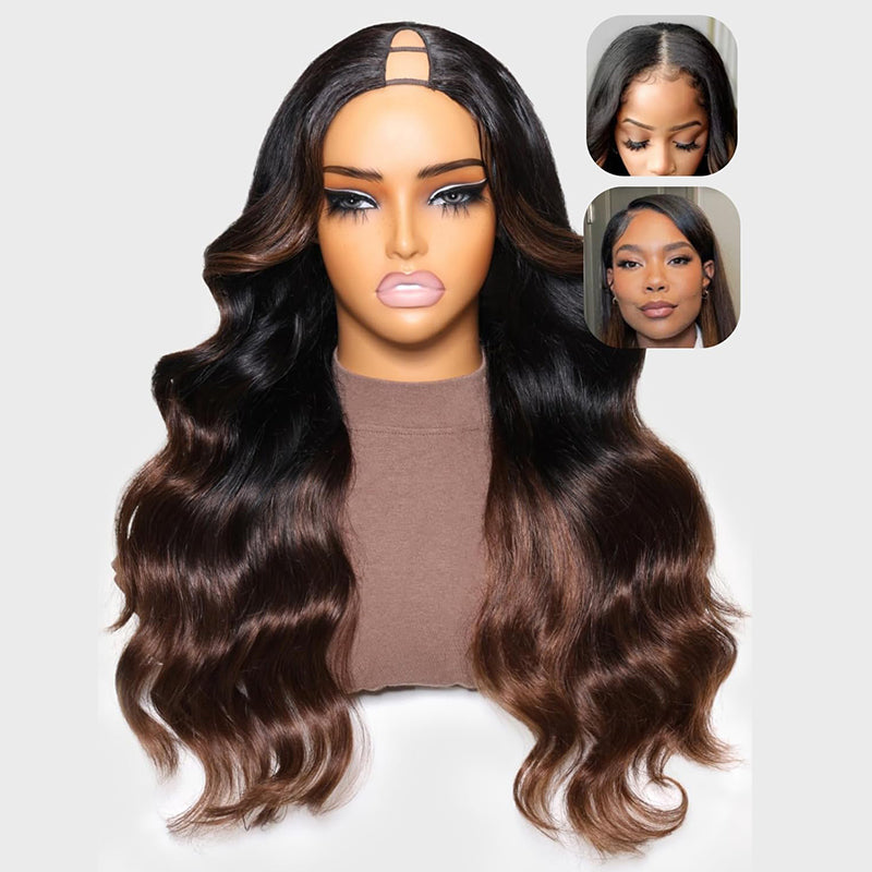 Glueless Chestnut Brown Balayage Ombre V Part Wig Beginner Friendly Upgrade U Part Wig