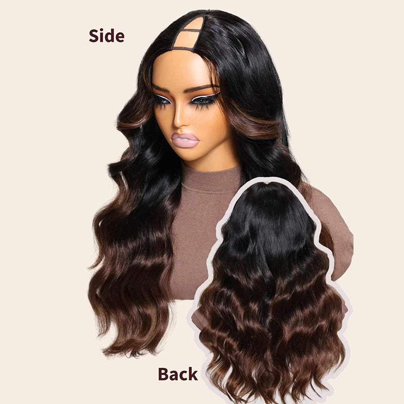 Glueless Chestnut Brown Balayage Ombre V Part Wig Beginner Friendly Upgrade U Part Wig