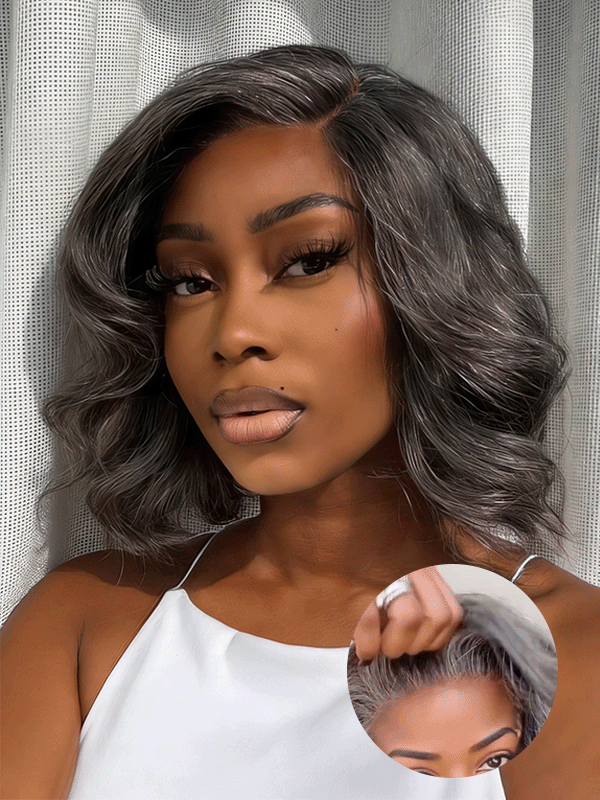 Glueless Salt and Pepper Wavy Pixie Layer Cut Bob Wig Boss Vibe Grey Wig Pre-Cut Lace