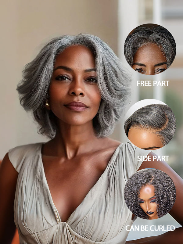 Glueless Salt and Pepper Wavy Pixie Layer Cut Bob Wig Boss Vibe Grey Wig Pre-Cut Lace