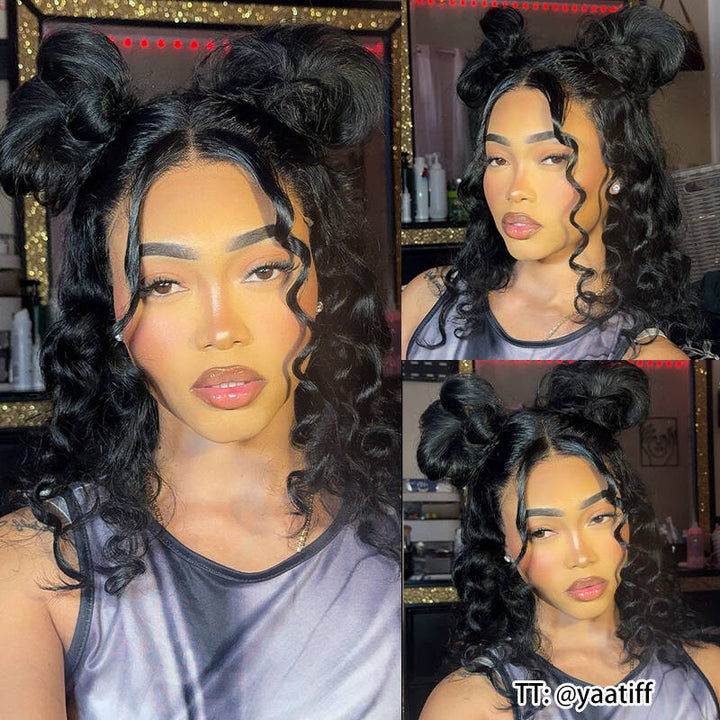 Glueless #1 Jet Black Flexi-Fit Invisi Drawstring Cap Elegance Loose Deep Wave Bob Wig Human Hair Wigs