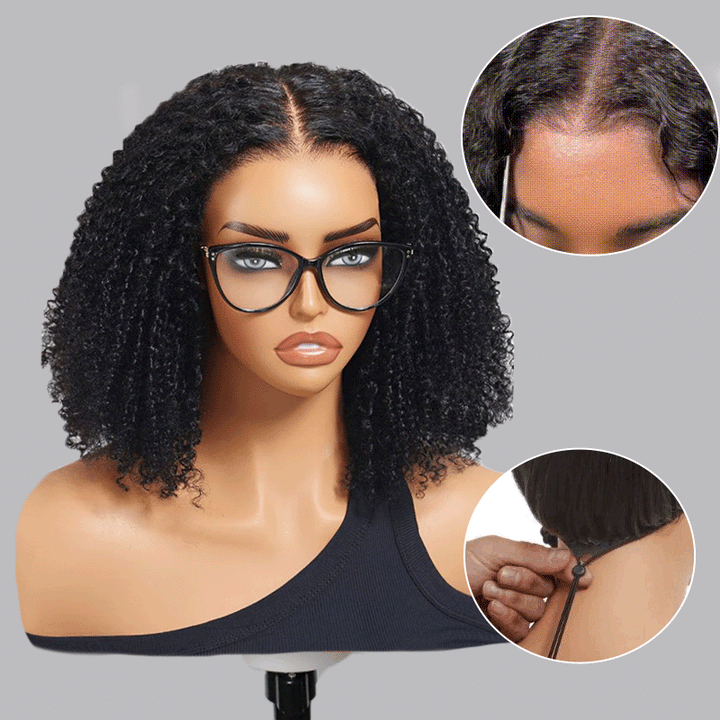 Glueless Flexi-Fit Invisi Drawstring Cap Curly Wave Bob Wig Human Hair Wigs