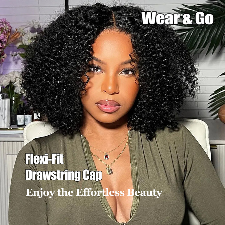 Glueless Flexi-Fit Invisi Drawstring Cap Curly Wave Bob Wig Human Hair Wigs