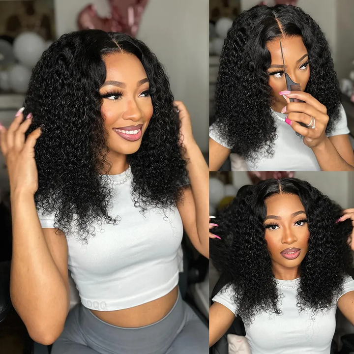 Glueless Flexi-Fit Invisi Drawstring Cap Curly Wave Bob Wig Human Hair Wigs
