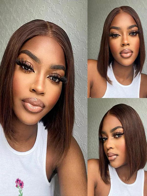 Glueless Short Bob Chocolate Brown Straight Transparent Lace Wig 100% Human Hair