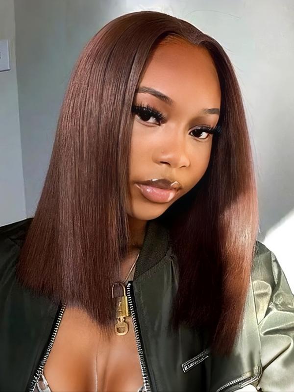 Glueless Short Bob Chocolate Brown Straight Transparent Lace Wig 100% Human Hair