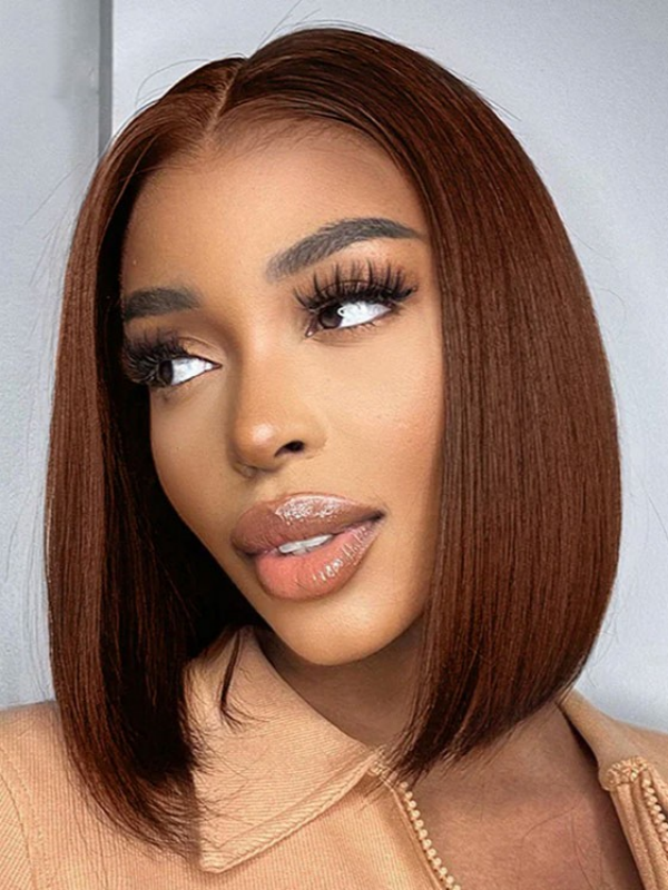 Glueless Short Bob Chocolate Brown Straight Transparent Lace Wig 100% Human Hair