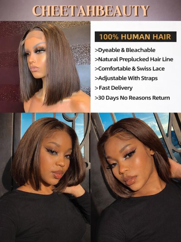 Glueless Short Bob Chocolate Brown Straight Transparent Lace Wig 100% Human Hair