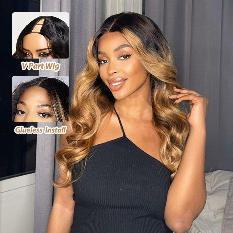 Glueless #T1B/27 Ombre V Part Wig No Leave Out Beginner Friendly Upgrade U Part Wig