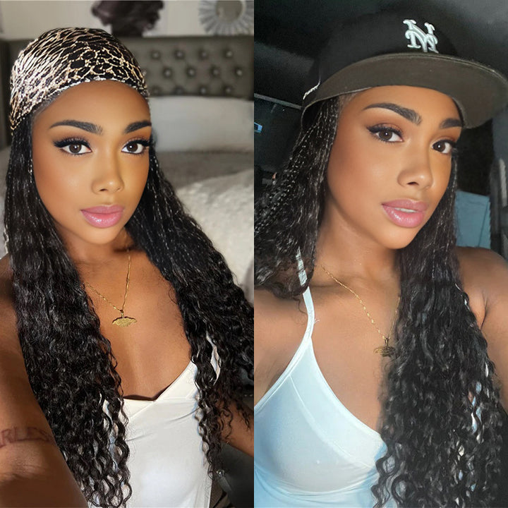 TUME Grab & Go Braids Band Wig Bohemian with Human Hair Curly Ends Braided Half Band Wigs