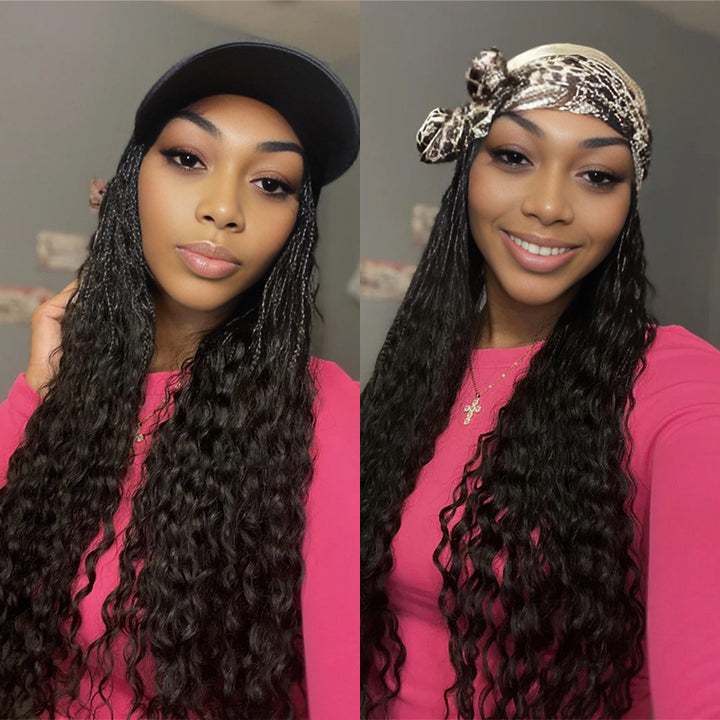 TUME Grab & Go Braids Band Wig Bohemian with Human Hair Curly Ends Braided Half Band Wigs