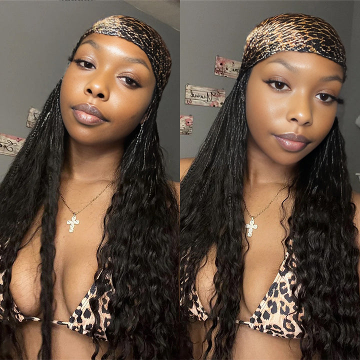 TUME Grab & Go Braids Band Wig Bohemian with Human Hair Curly Ends Braided Half Band Wigs