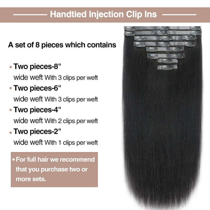 Handtied Injection Clip In Hair Extensions Silky Straight Seamless PU Weft Clip Ins For Black Women Remy Human Hair 8pcs With 18 Clips