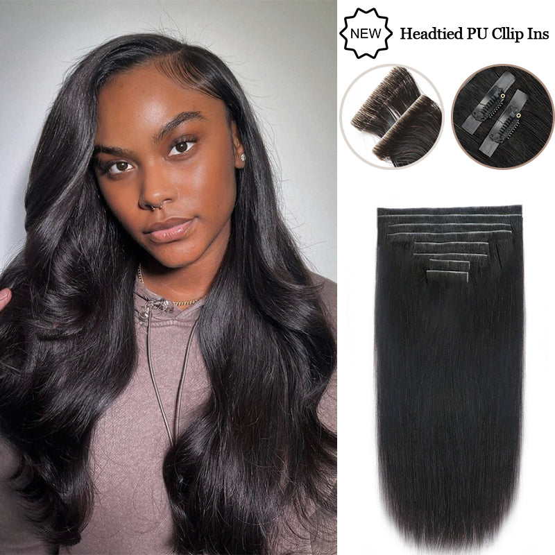 Handtied Injection Clip In Hair Extensions Silky Straight Seamless PU Weft Clip Ins For Black Women Remy Human Hair 8pcs With 18 Clips