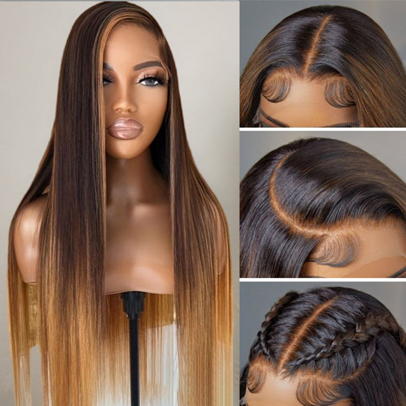 Silky Straight Dark Brown with Chestnut Brown Highlights Wig 5x5/13x6 Light Brown Highlights 180% Density Wig