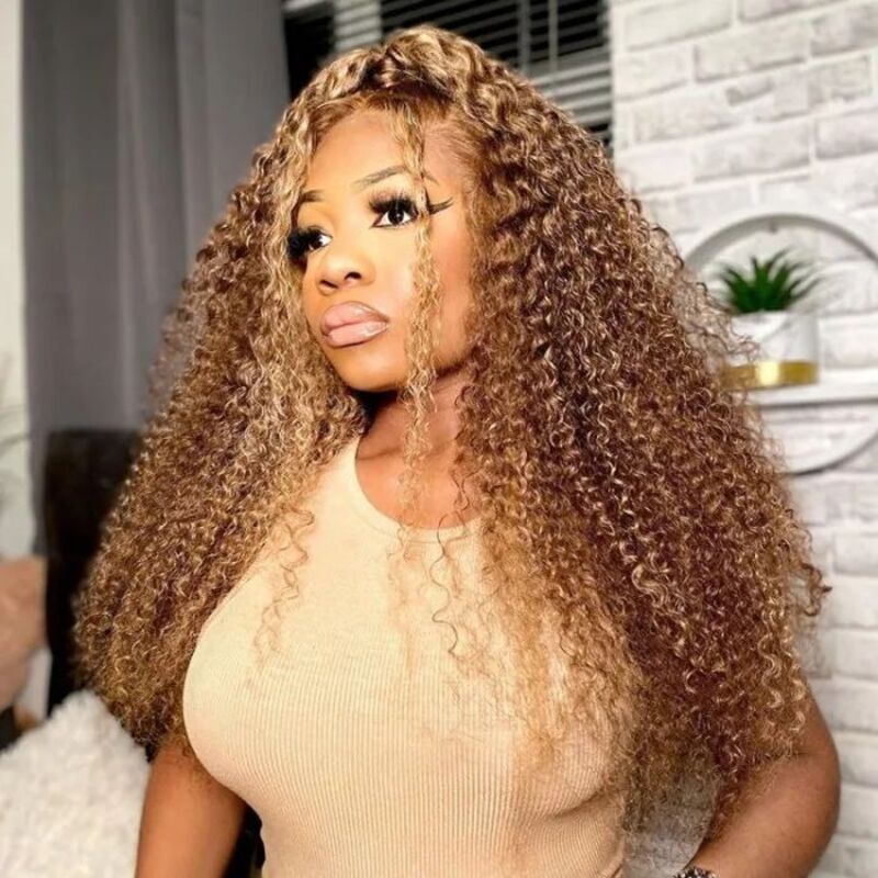 Money Piece P4/27 Highlight Kinky Curly Transparent Lace Wig Pre-plucked Human Hair Wigs