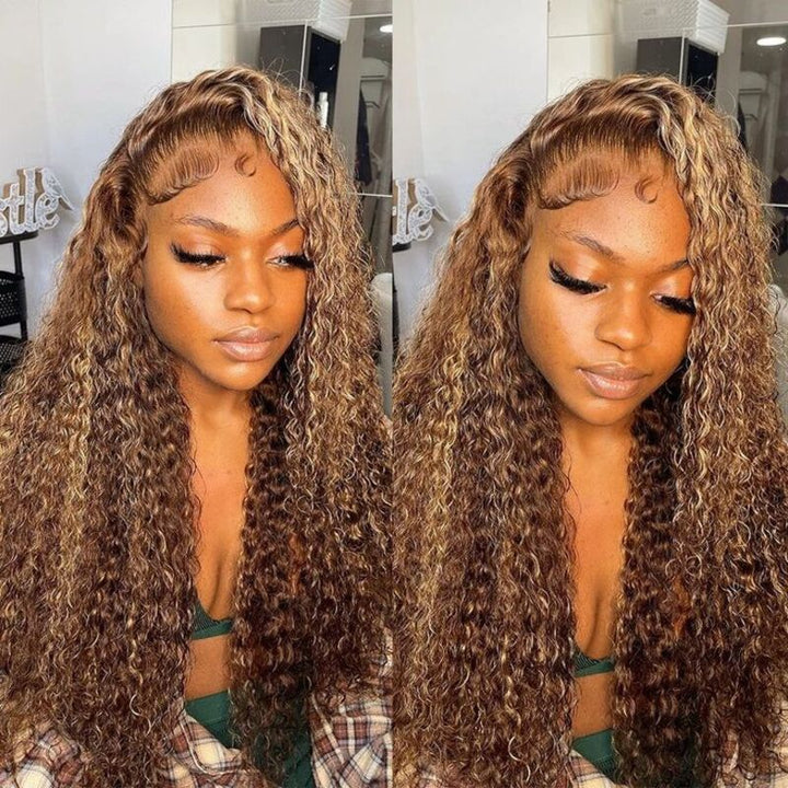 Money Piece P4/27 Highlight Kinky Curly Transparent Lace Wig Pre-plucked Human Hair Wigs