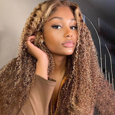 Money Piece P4/27 Highlight Kinky Curly Transparent Lace Wig Pre-plucked Human Hair Wigs