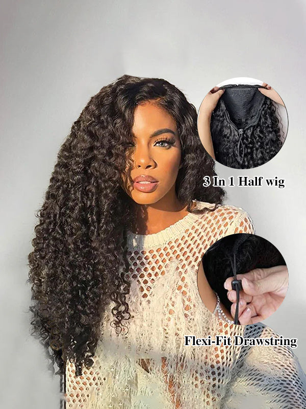 Perruque Insta Wig 3 en 1 à boucles birmanes, sans colle, avec cordon de serrage 
