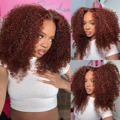 Wear & Go | #33 Reddish Brown Kinky Curly Pre-Bleached Glueless Wig Invisible Lace Wig Dome Cap Wigs